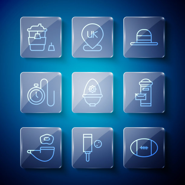 套装烟斗，木制板球棒和球，英式橄榄球，优雅女子帽，英国警察头盔，带链手表，咖啡杯和伦敦邮箱图标。向量图片下载