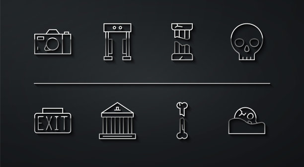 设置线摄影相机，出口标志，人类头骨，破碎的骨头，博物馆建筑，金属探测器，和破碎的古代柱图标。向量图片下载