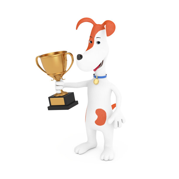 卡通可爱狗抱金奖奖杯。3d渲染图片下载