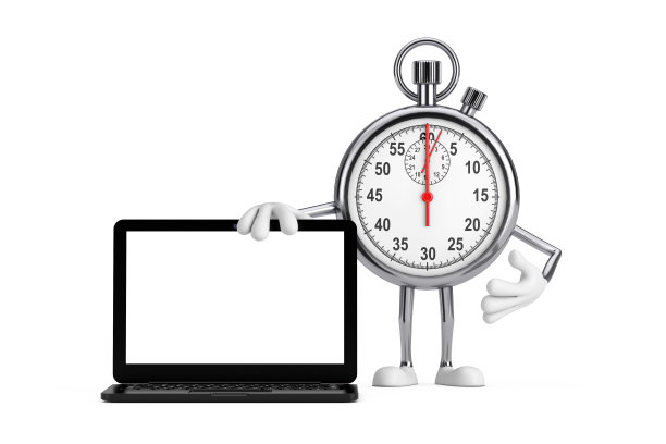 现代秒表卡通人物角色吉祥物与现代笔记本电脑笔记本和空白屏幕为您的设计。3d渲染图片下载