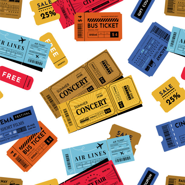 音乐会及剧院门票式样。性能的优惠券。复古足球标签。影院复古网站背景。老电影事件。交通卡。销售凭证。矢量无缝纹理图片下载