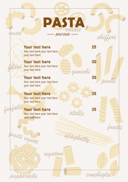 意面菜单设计模板。意大利菜。面团制品烹饪。意大利面和通心粉。美味的意大利宽面条。意大利传统美食。宣传册复印空间。矢量餐厅横幅图片下载