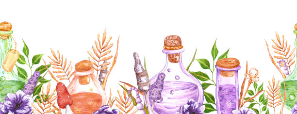 手绘水彩魔毒构图无缝边框。孤立在白色背景上。可用于纺织、卡片。图片下载