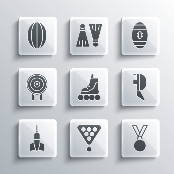 设置台球架三角形，奖牌，击剑头盔面具，轮滑，飞镖箭，目标运动，橄榄球和美式橄榄球图标。向量图片下载