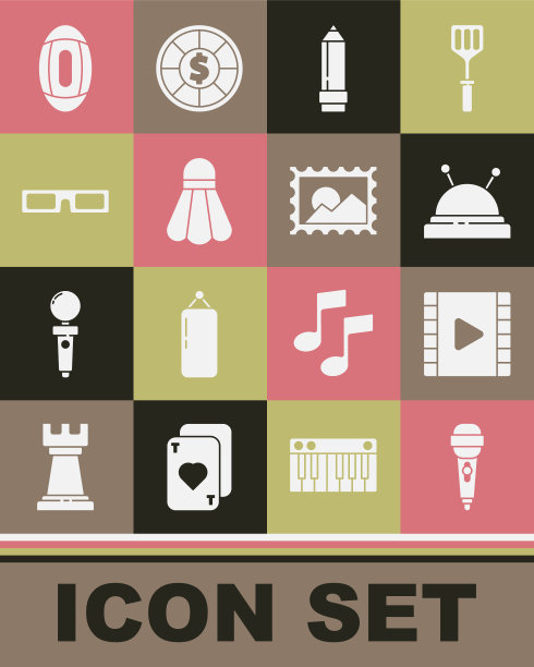 设置麦克风，播放视频，针床和针，铅笔和橡皮擦，羽毛球，电影眼镜，美式足球和邮票图标。向量图片下载