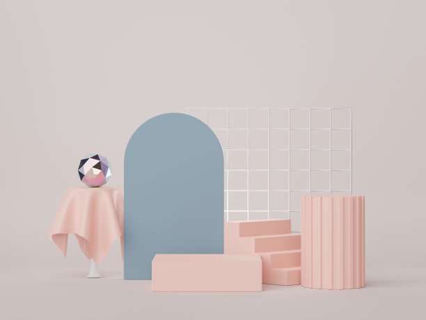 最小展示平台设计的三维渲染模型和产品演示。台座舞台与粉彩场景。新潮的设计模拟和网页横幅。图片下载
