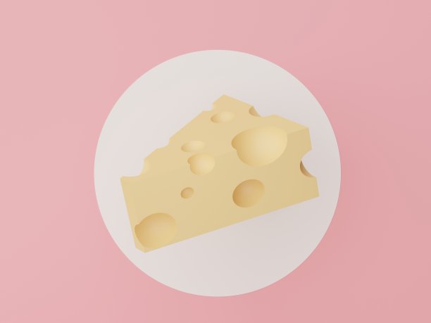3d渲染一块奶酪制作食物。奶酪片在白色圆圈和淡粉色背景。健康食品理念。图片下载