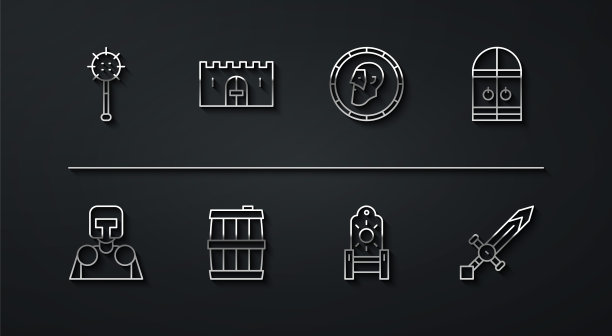 设定线中世纪链锏球，骑士，城堡门，宝座，木桶，剑和古代硬币图标。向量图片下载