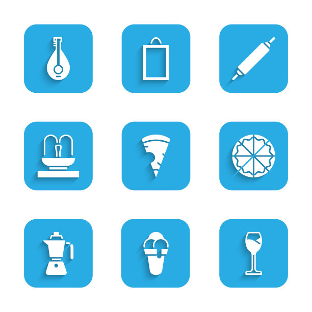 集披萨片，冰淇淋，酒杯，披萨，咖啡moca壶，喷泉，擀面杖和曼陀林图标。向量图片下载