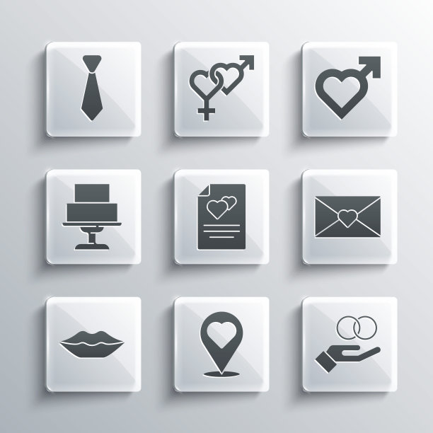 设置位置与心脏，结婚戒指，信封情人节，贺卡，微笑的嘴唇，蛋糕，领带和心脏男性性别图标。向量图片下载