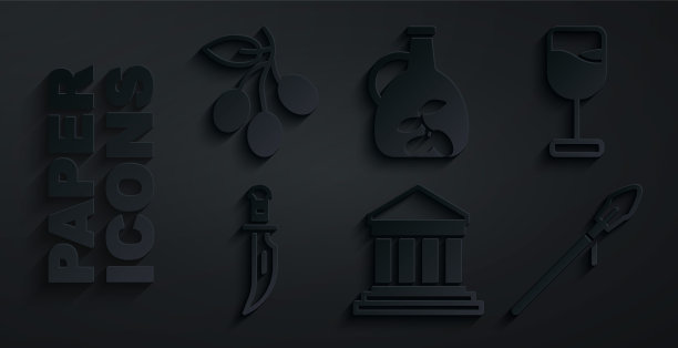 设置帕台农神庙，酒杯，匕首，中世纪长矛，橄榄油瓶和橄榄枝图标。向量图片下载