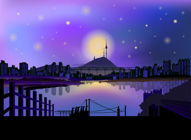[矢量]梦幻的夜空和江边首尔市的夜景剪影图片下载