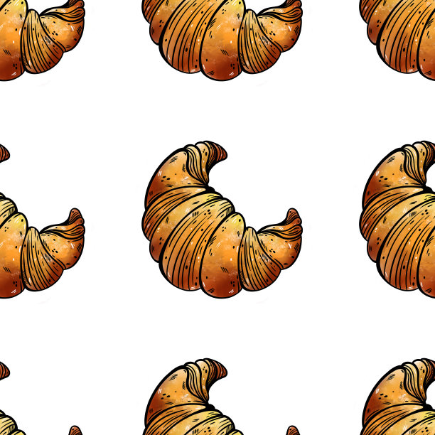 羊角包无缝水彩图案。美味的甜点，经典的法式甜点。轮廓薄的彩色素描。美味的面包，新鲜的早餐。背景菜单，包装纸，包装，网页图片下载