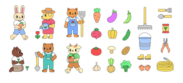 设置农场动物，收获和园艺工具。图片下载