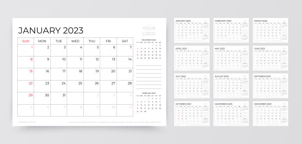 2023年的日历。计划表布局。矢量插图。图片下载