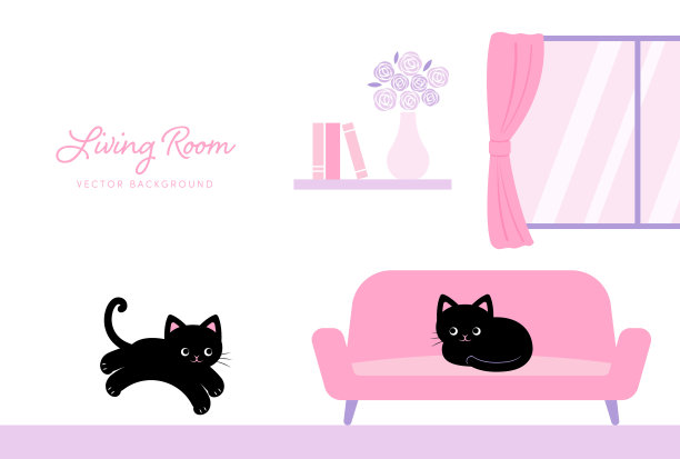 矢量背景与黑猫在客厅的横幅，卡片，传单，社交媒体壁纸等。图片下载