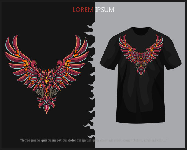 彩色凤凰鸟曼陀罗艺术孤立在黑色t恤上。图片下载