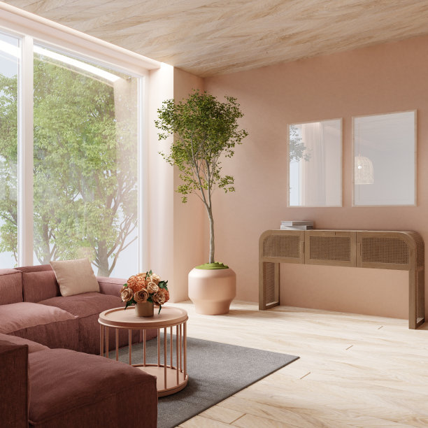 镜框模型在墙上舒适的风格，客厅内部。三维渲染图片下载