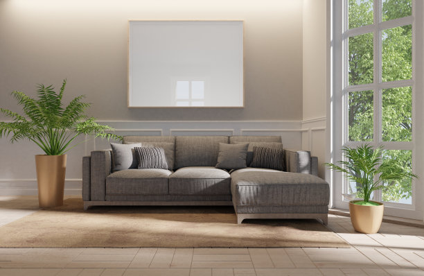 仿框画白墙现代风格的室内客厅与沙发灰色和阴影日光。三维渲染图片下载