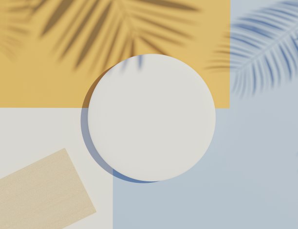 白色空白圆柱体框架的三维渲染俯视图模拟和显示与夏季背景棕榈叶阴影的产品。图片下载