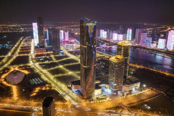 中国天津滨海新区夜景航拍图片下载