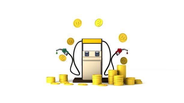 油泵喷嘴钱硬币堆孤立的白色背景。三维渲染图片下载