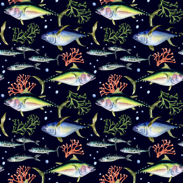 各种野生海鱼无缝图案水彩插图孤立在黑色上。图片下载