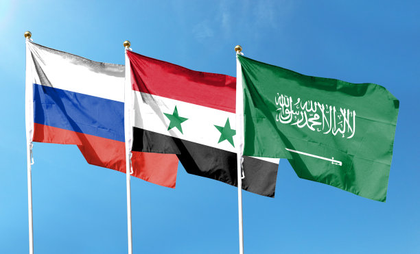 多云的天空上，俄罗斯国旗、沙特阿拉伯国旗和叙利亚国旗。在天空中舞动图片下载