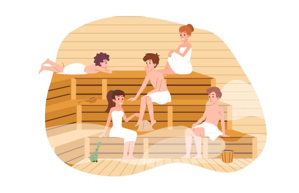 男人和女人放松在蒸汽桑拿，平面矢量插图孤立在白色背景。人们在公共桑拿。保健、水疗和健康的概念。图片下载