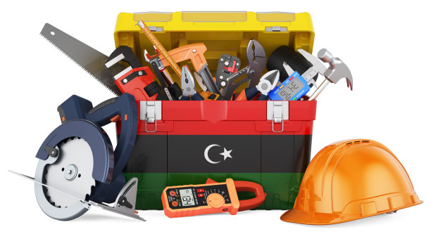 工具箱上画着利比亚国旗。利比亚的服务，维修和施工，概念。三维渲染图片下载