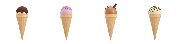 沙滩概念夏季主题，3D元素，草莓，香草，巧克力冰淇淋甜点与顶部和华夫蛋筒隔离在白色背景图片下载