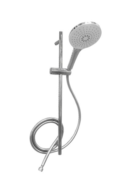 现代沐浴金属黑色淋浴墙系统，水龙头隔离在白色背景上。浴室设备。水龙头与喷雾维修套件。图片下载