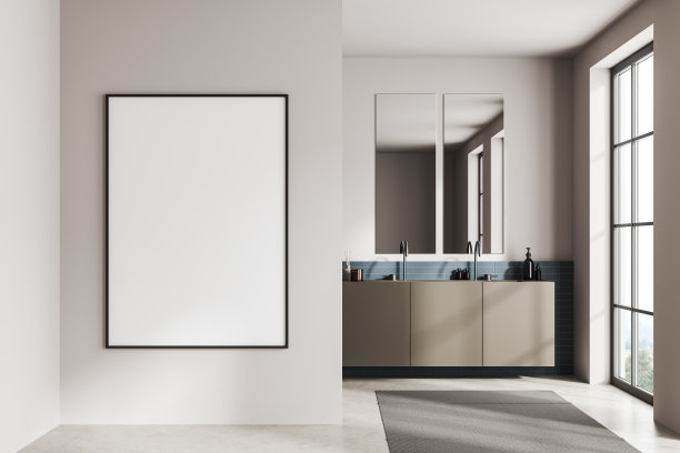 正面视图明亮的浴室内部与空白色帆布图片下载