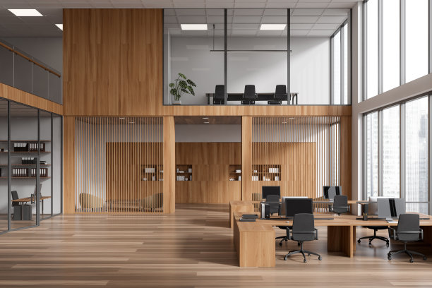 白色办公室内部设有联合办公和会议区，全景窗户图片下载