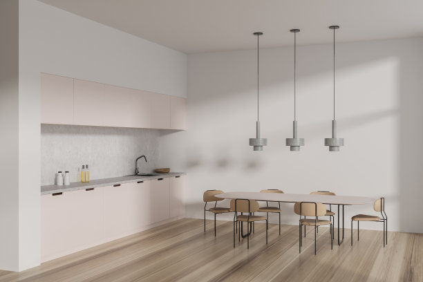 时尚的厨房内部，用餐和烹饪角，厨房用具图片下载