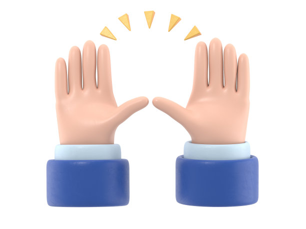 卡通手势图标模型。举手庆祝应用程序和网站的线条艺术，白色背景的3D渲染。图片下载