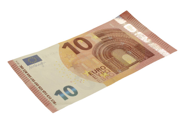 新纸币10欧元。孤立，特写，俯视图。10欧元纸币孤立在白色背景，俯视图。白色单面的十欧元纸币。从上面看。图片下载