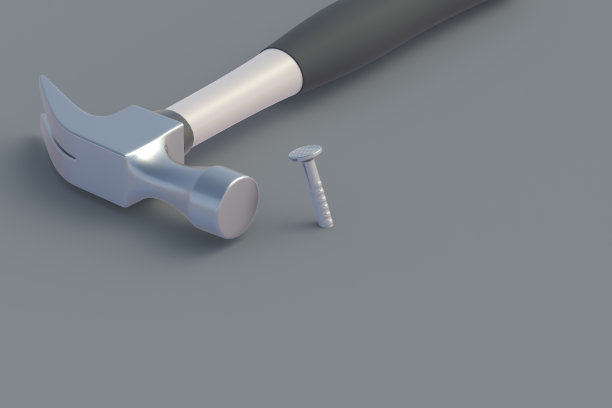 锤子靠近钉子在黄色背景。建筑的概念。家庭装修。维修工具。前视图。副本的空间。三维渲染图片下载