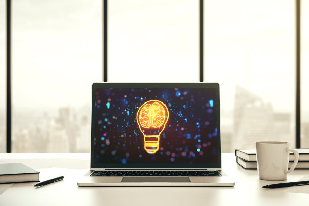 现代电脑显示器上的人脑创意灯泡插图，未来科技概念。三维渲染图片下载