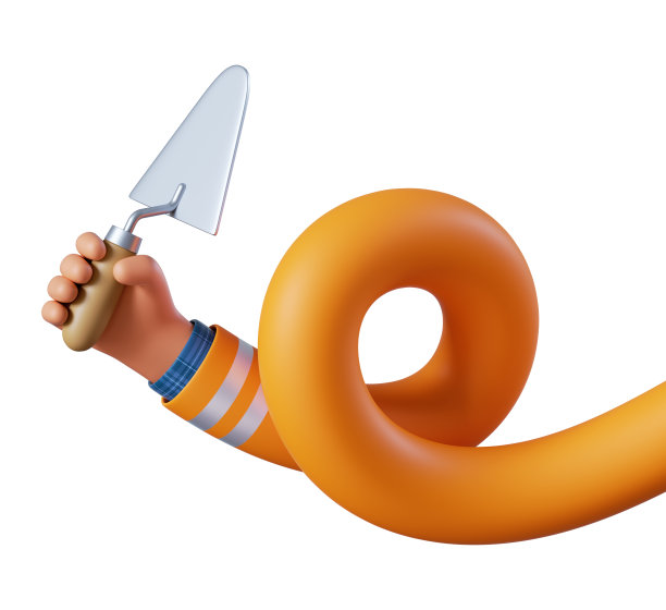 3d渲染，卡通长弹性螺旋人手握抹刀。专业的砖匠，有建筑工具。建筑工人剪贴艺术孤立在白色背景图片下载