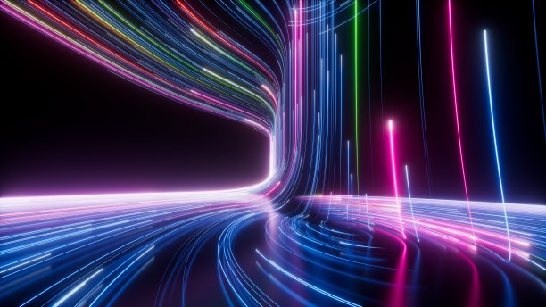 3D渲染抽象霓虹背景：彩色光线数字数据传输壁纸图片下载