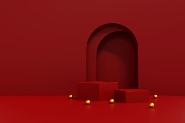 红色讲台与甜美的红色平台。展示化妆品和饮料产品的舞台。舞台夏季在台座现代3d工作室红色平台图片下载