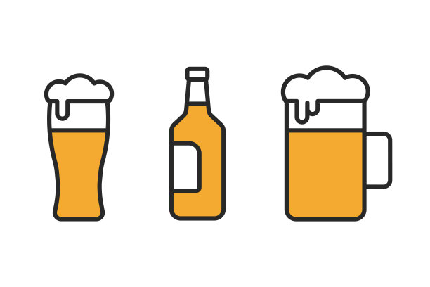 啤酒杯矢量图标集。啤酒瓶符号。彩色啤酒插图图片下载
