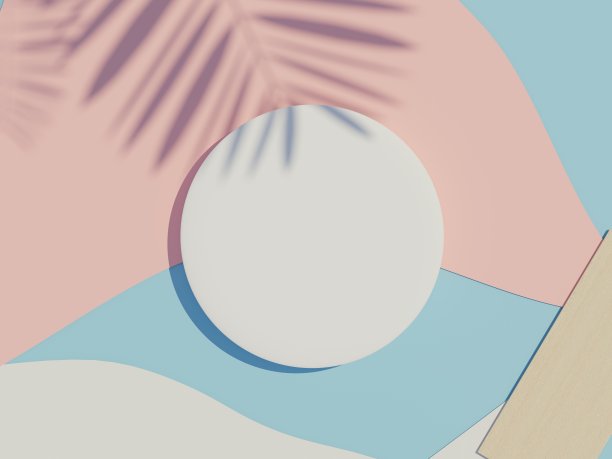 白色空白圆柱体框架的三维渲染俯视图模拟和显示与夏季背景棕榈叶阴影的产品。图片下载