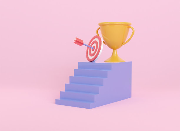 3d渲染步骤与奖项和奖杯。企业投资以成功为目标。奖励冠军。为成功设定目标。3d渲染illustrator最小。图片下载