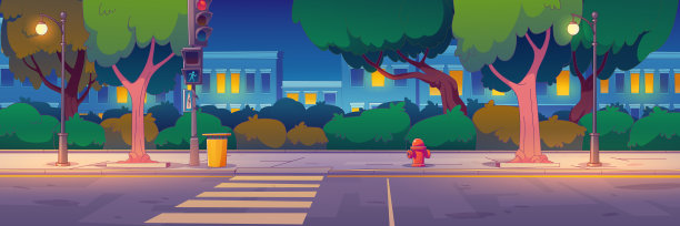 夜晚的城市街道上有建筑物红绿灯图片下载