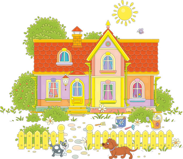 有趣的猫和狗在漂亮的房子里散步图片下载