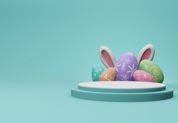 三维插图白兔子耳朵和彩色复活节彩蛋与讲台舞台上的绿色背景图片下载