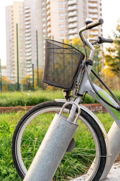 在城市公园出租自行车。停车位上有一排自行车。城市背景。关闭了。夏天，春天活动。自行车，新生活方式图片下载