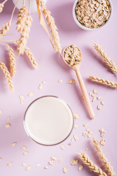 一杯新鲜的燕麦牛奶和燕麦片。素食不含乳制品的有机饮料。顶部和垂直视图图片下载